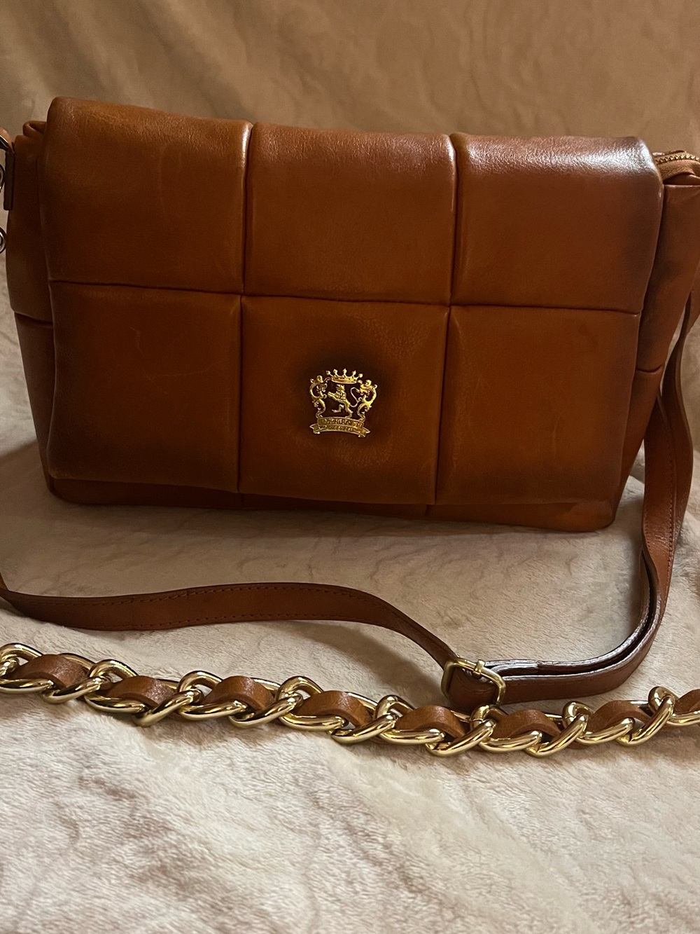 Quilted Panel Shoulder Bag in Cognac Brown with Gold Emblem